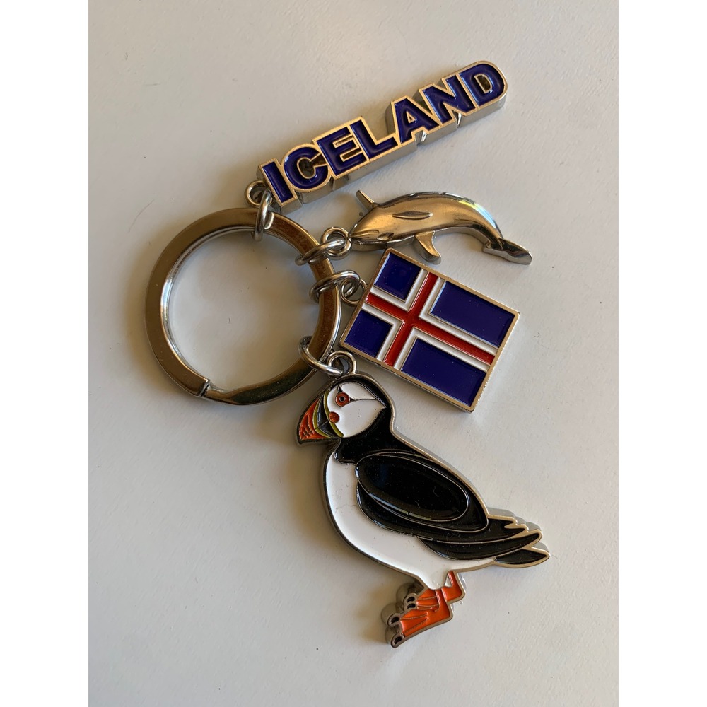 Iceland Souvenir Keychain Puffin Dolphin Flag Enamel Charms Silver Tone Metal